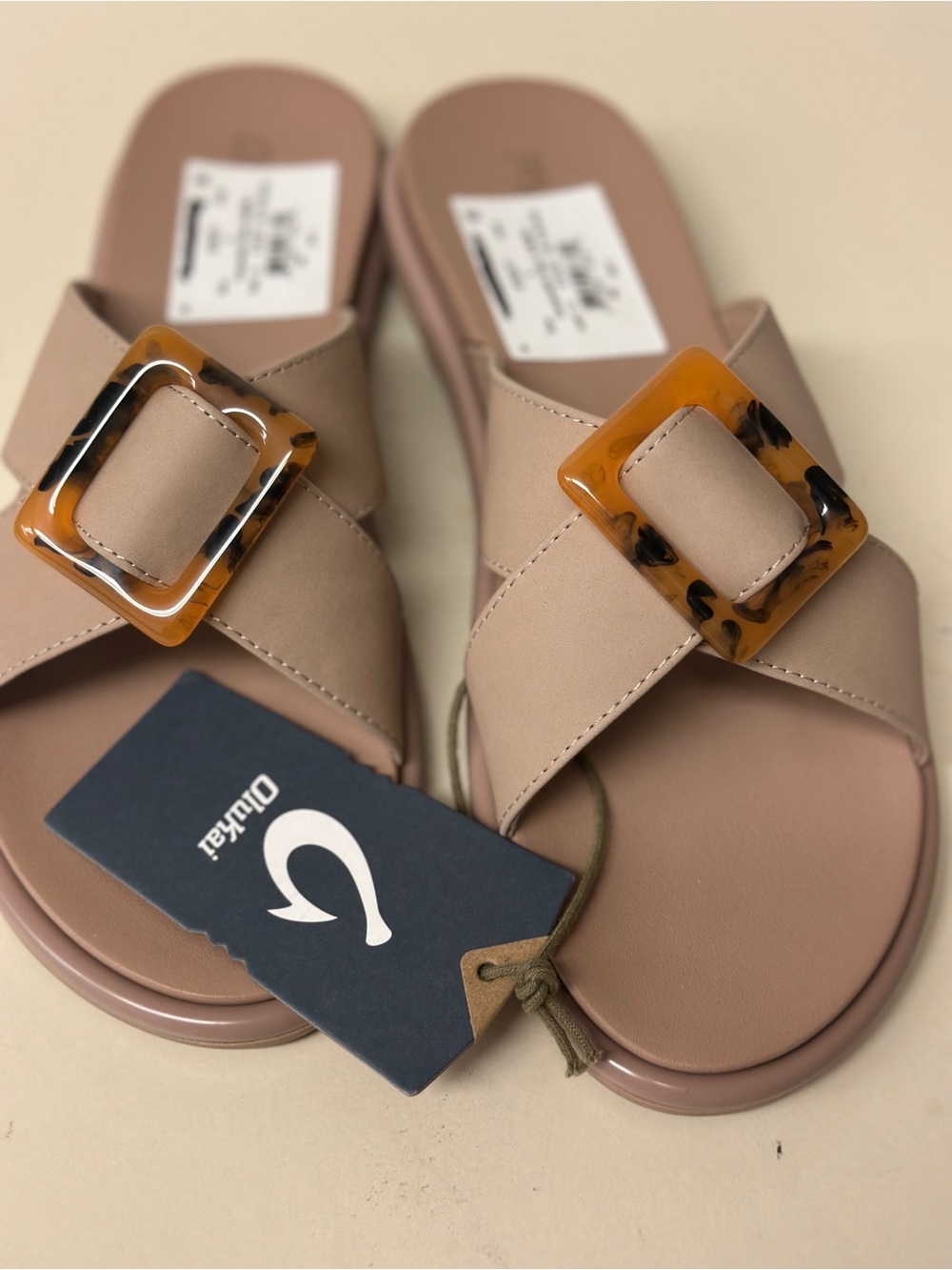OluKai Women’s Tan Cross-Strap Slide Sandals with Tortoiseshell Buckle